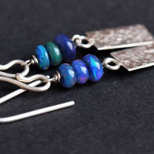 Geometric silver earrings - Genuine opal earrings