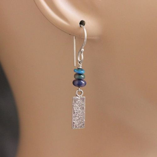 Geometric silver earrings - Genuine opal earrings