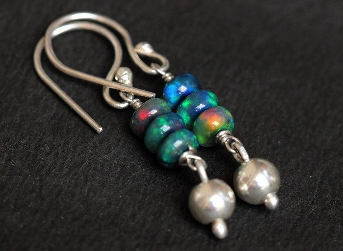 Natural opal bead earrings, Handmade silver earrings