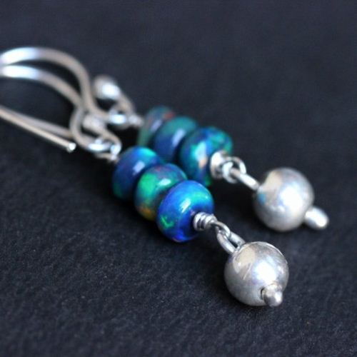 Natural opal bead earrings, Handmade silver earrings