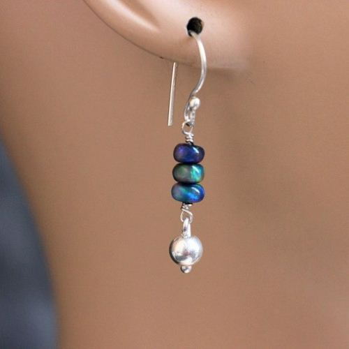 Natural opal bead earrings, Handmade silver earrings
