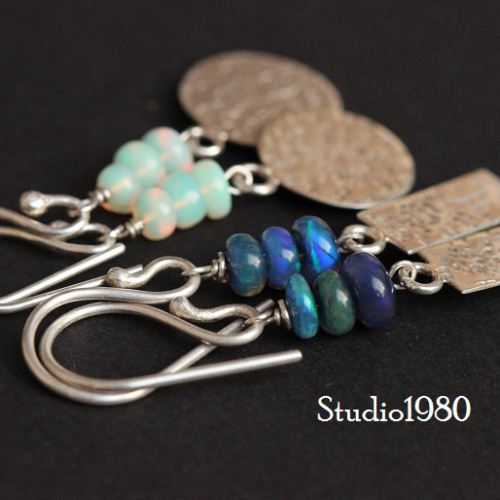 Natural opal bead earrings, Handmade silver earrings