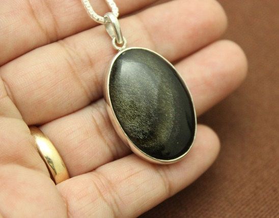 Golden Sheen Obsidian pendant, Black oval silver pendant necklace