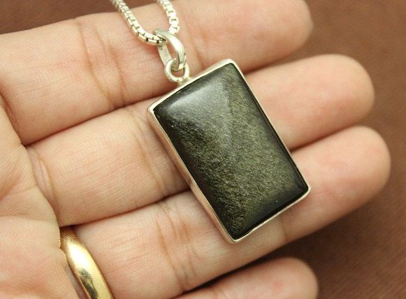 Golden Sheen Obsidian pendant, Artisan pendant in silver