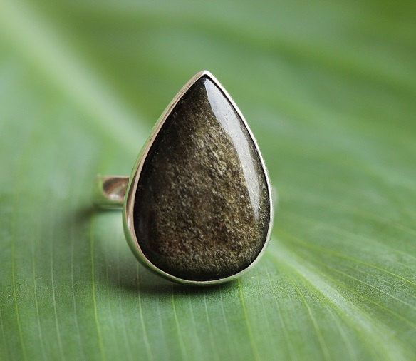 Golden Sheen Obsidian sterling silver ring, Artisan ring