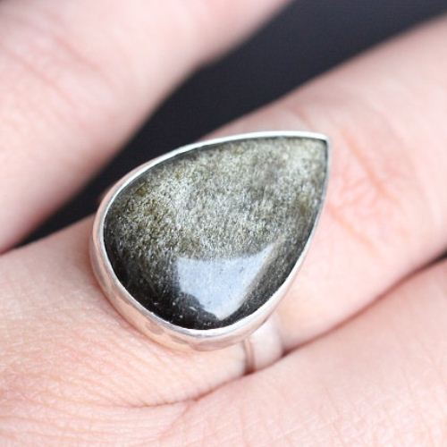 Golden Sheen Obsidian sterling silver ring, Artisan ring