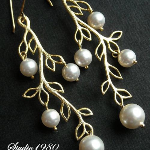 Golden branch earrings swarovski pearl earrings
