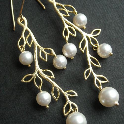 Golden branch earrings, swarovski pearl earrings, bridal earrings - bridal white pearl handmade earrings