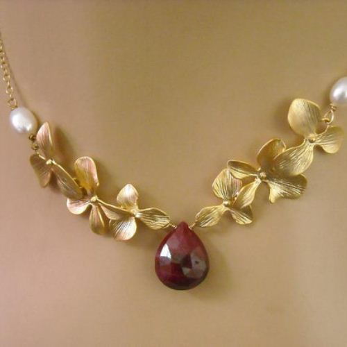 Golden orchid flower ruby necklace