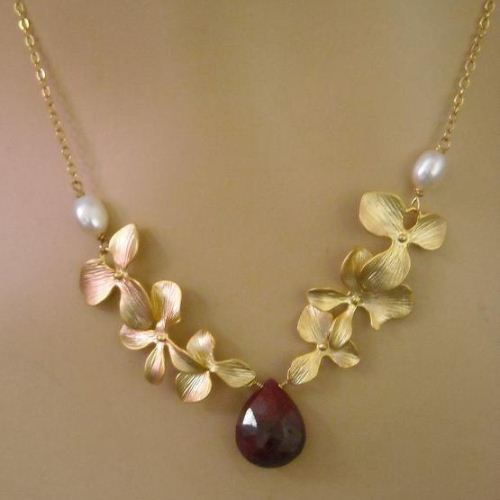 Golden orchid flower ruby necklace - bridal necklace - july birthstone
