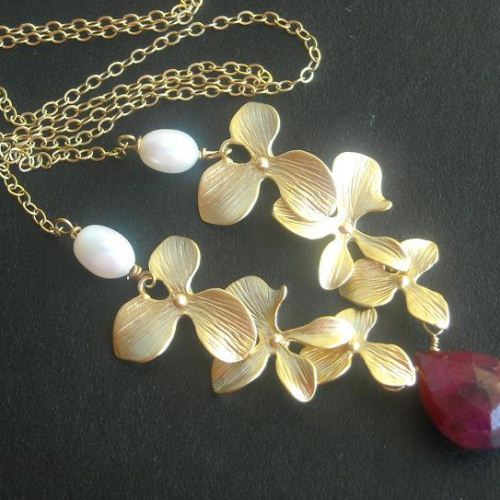 Golden orchid flower ruby necklace - bridal necklace - july birthstone