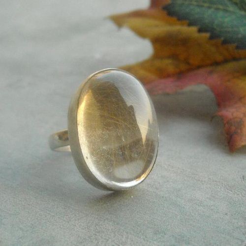 Golden rutile white quartz ring - oval bezel set gemstone ring