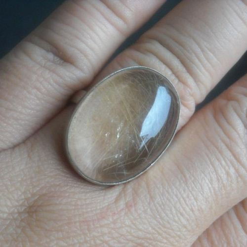 Golden rutile white quartz ring - oval bezel set gemstone ring