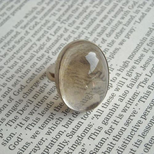 Golden rutile white quartz ring - oval bezel set gemstone ring