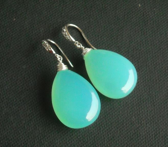 Green Chalcedony earrings, Tear drop silver wire wrapped earrings