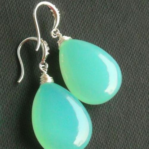 Green Chalcedony earrings, Tear drop silver wire wrapped earrings