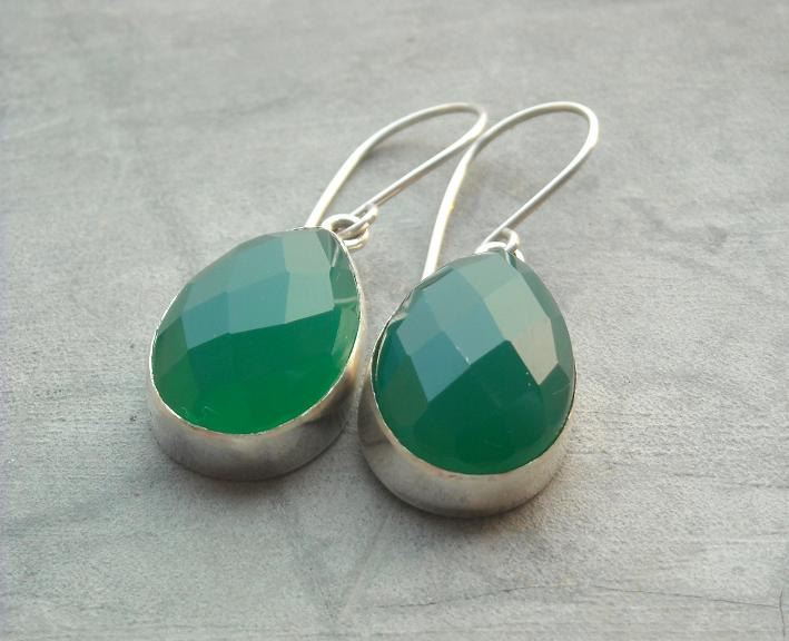 Green chalcedony earrings, Faceted stone drop silver earrings