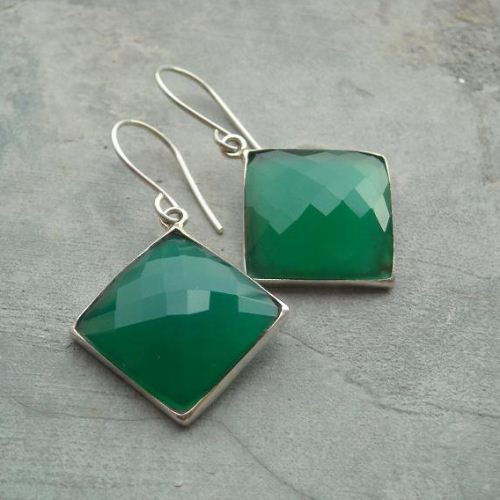Green chalcedony earrings jewelry, Square silver handmade earrings