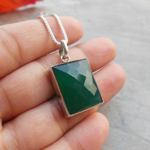 Green onyx pendant - Green pendant necklace - Silver bezel pendant