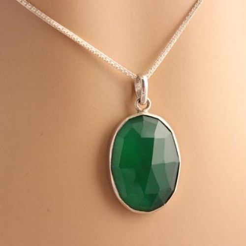 Green onyx pendant - Green pendant necklace - Oval bezel set pendants