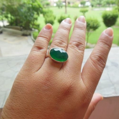 Green onyx ring, Emerald green silver ring, Faceted oval ring