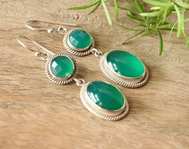 Green onyx sterling silver earrings