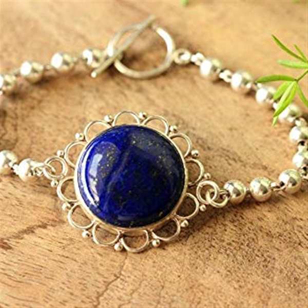 Handmade lapis lazuli gemstone flower sterling silver bracelet