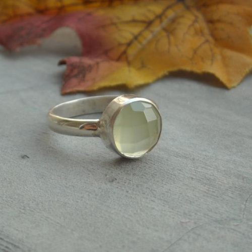 Handmade prehnite ring, 10mm round gemstone cabochon silver ring