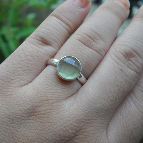 Handmade prehnite ring, 10mm round gemstone cabochon silver ring