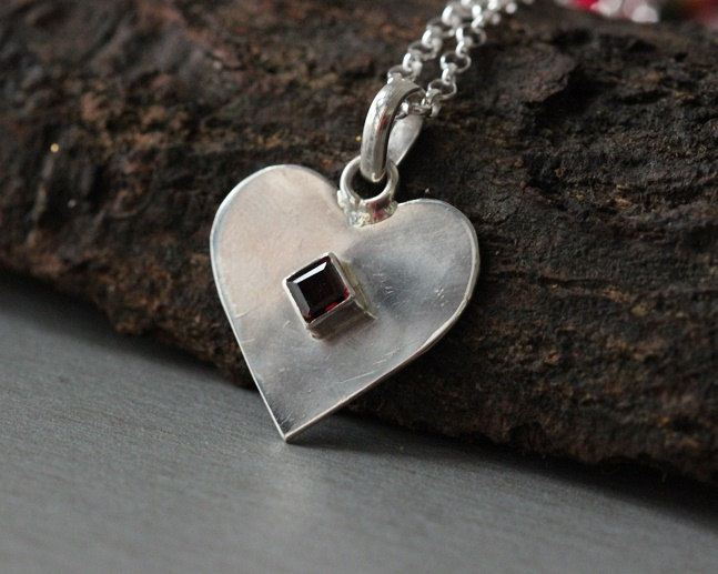 Heart pendant, Garnet pendant, Gemstone artisan silver pendant