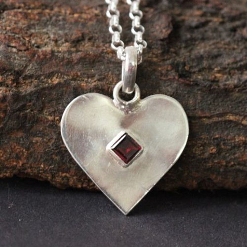 Heart pendant, Garnet pendant, Gemstone artisan silver pendant