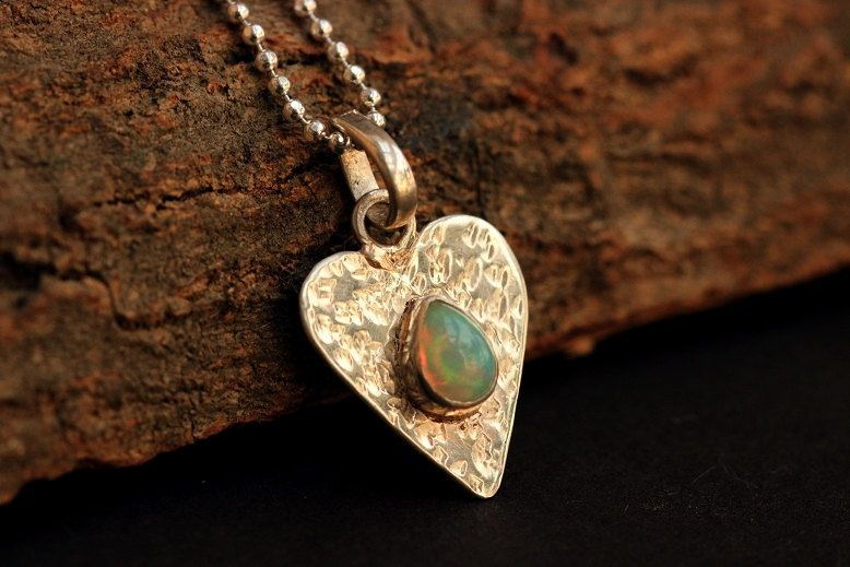Heart pendant, Opal pendant, Hammered silver pendant gift for her