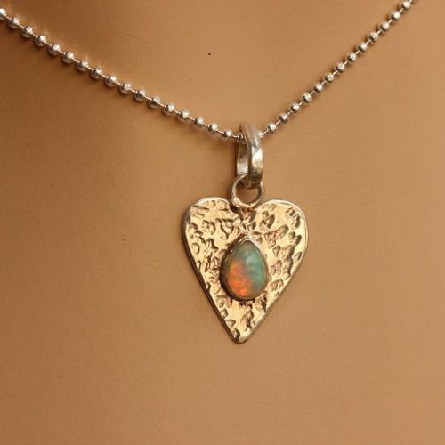 Heart pendant, Opal pendant, Hammered silver pendant gift for her