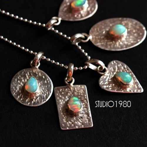 Heart pendant, Opal pendant, Hammered silver pendant gift for her