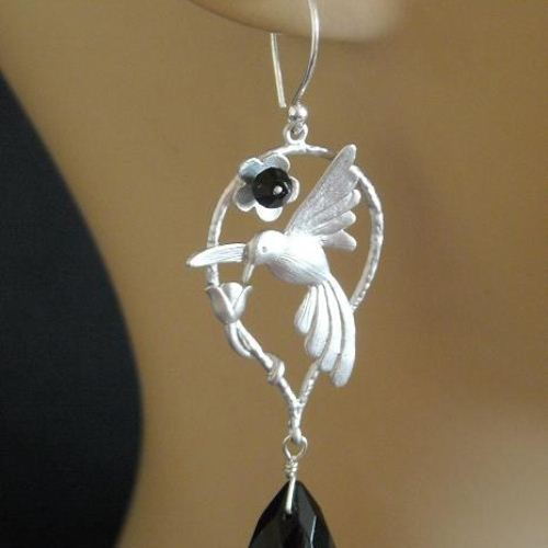 Humming bird black onyx gemstone sterling silver swarovski crystal earrings
