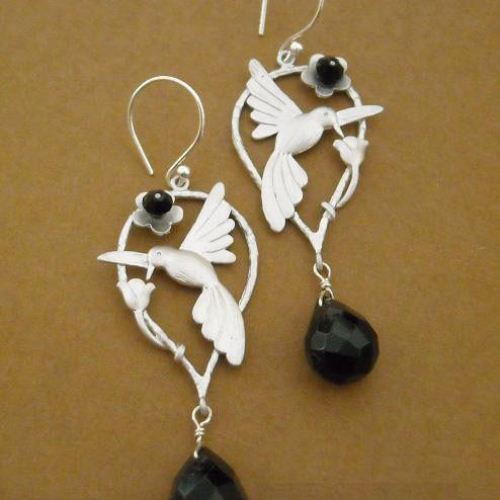 Humming bird black onyx gemstone sterling silver swarovski crystal earrings