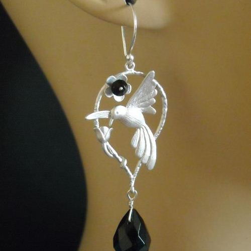 Humming bird black onyx gemstone sterling silver swarovski crystal earrings