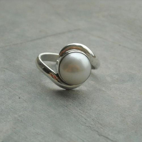 June birthstone ring, Silver pearl ring, Artisan ring