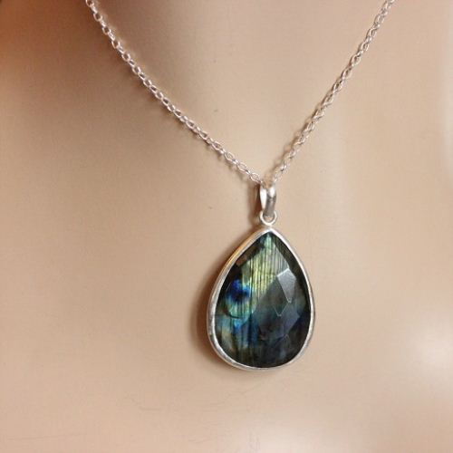Labradorite Pendant, Gemstone Pendant, Artisan silver pendant chain