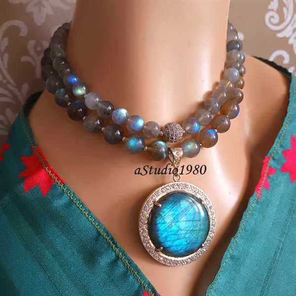 Labradorite pendant necklace set, Handmade artisan silver jewelry