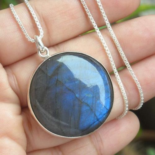 Labradorite silver pendant chain, Labradorite large round pendant