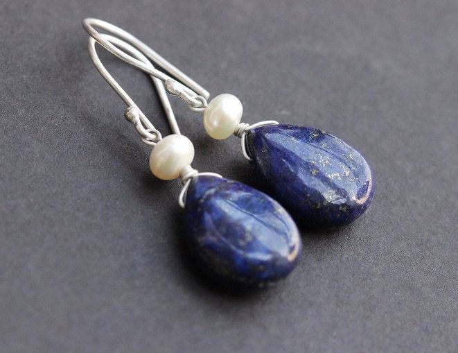 Lapis Lazuli earrings, Blue lapis pear earrings, Gemstone silver earrings