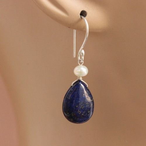 Lapis Lazuli earrings, Blue lapis pear earrings, Gemstone silver earrings