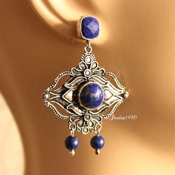 Lapis Lazuli earrings - Statement silver earrings - Celestial