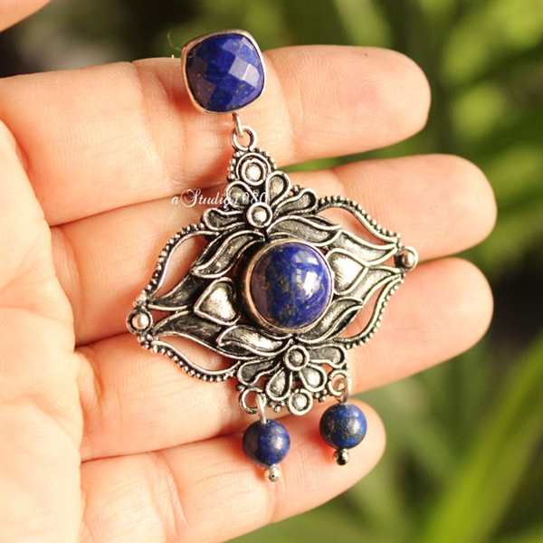 Lapis Lazuli earrings - Statement silver earrings - Celestial