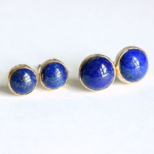 Lapis Lazuli gold earrings, 18k yellow gold stud earrings, denim blue