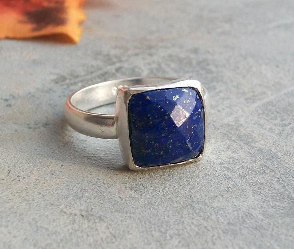 Lapis Lazuli ring, Square ring, Faceted denim blue silver ring