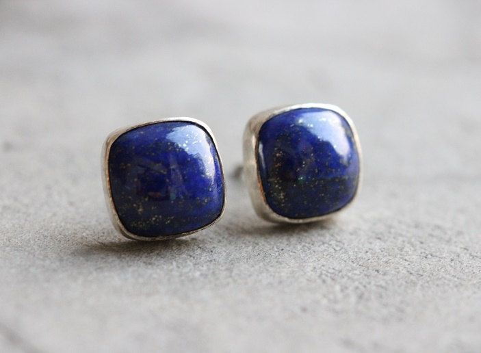 Lapis lazuli earrings - Lapis earrings - Cushion cut silver stud