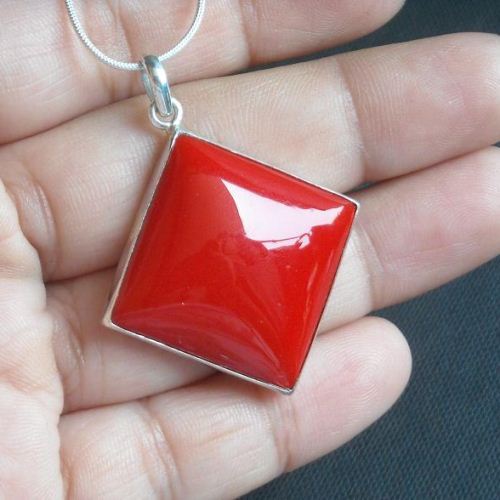 Large Red Coral pendant necklace, Square silver pendant jewelry