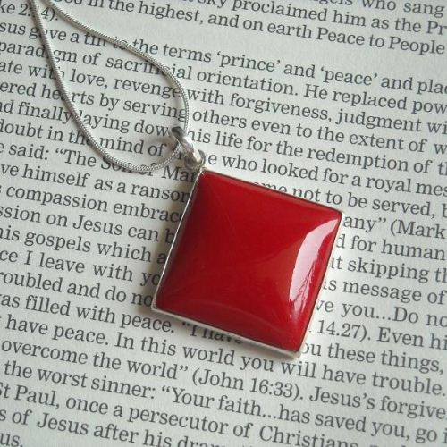 Large Red Coral pendant necklace, Square silver pendant jewelry
